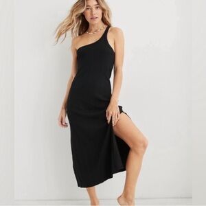 Aerie Black One Shoulder Ribbed Midi Dress—Size M